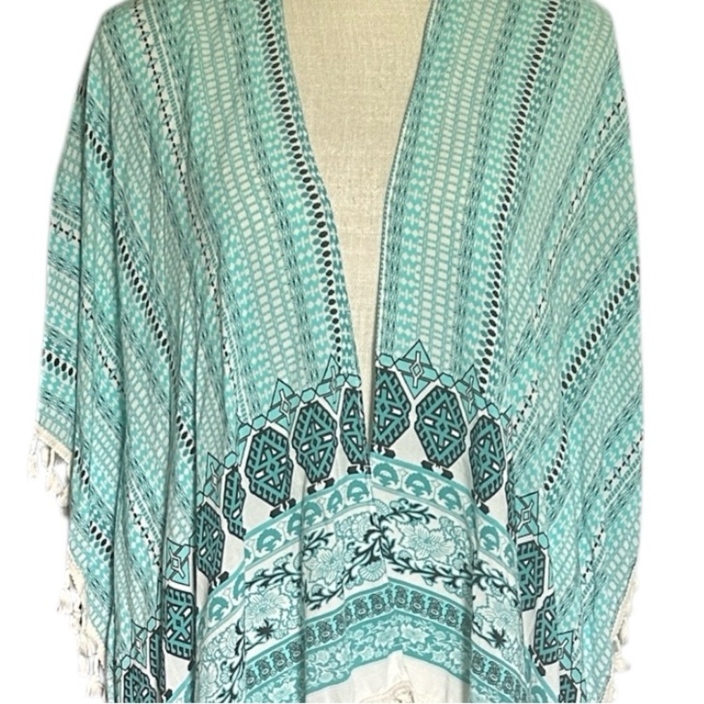 Bobbie Brooks Aqua & White Patterned Open Front Kimono White fringe One Size - Picture 3 of 14